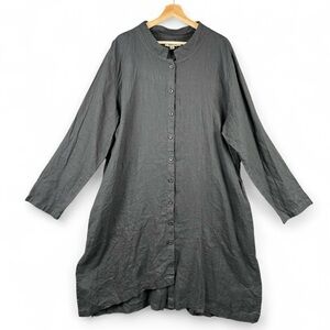 FLAX Black Linen Button Down Dress Lagenlook Oversized Midi Pockets Long Sleeve